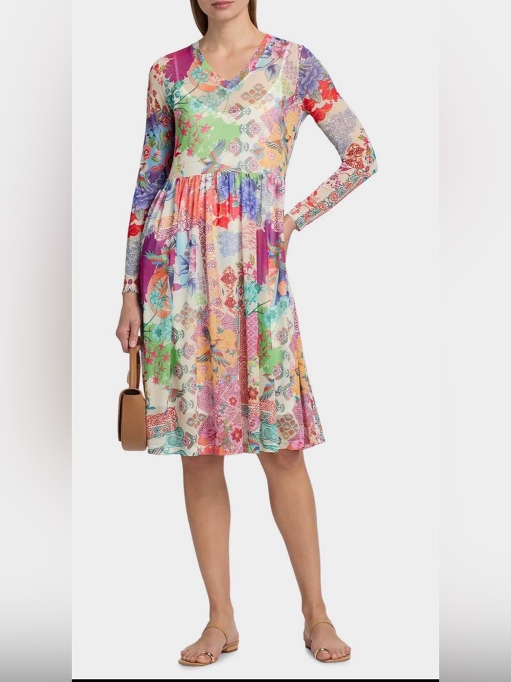 Johnny Was V Neck Long Sleeve Mesh Single Tier Floral Dress w Underslip Sz L NWT